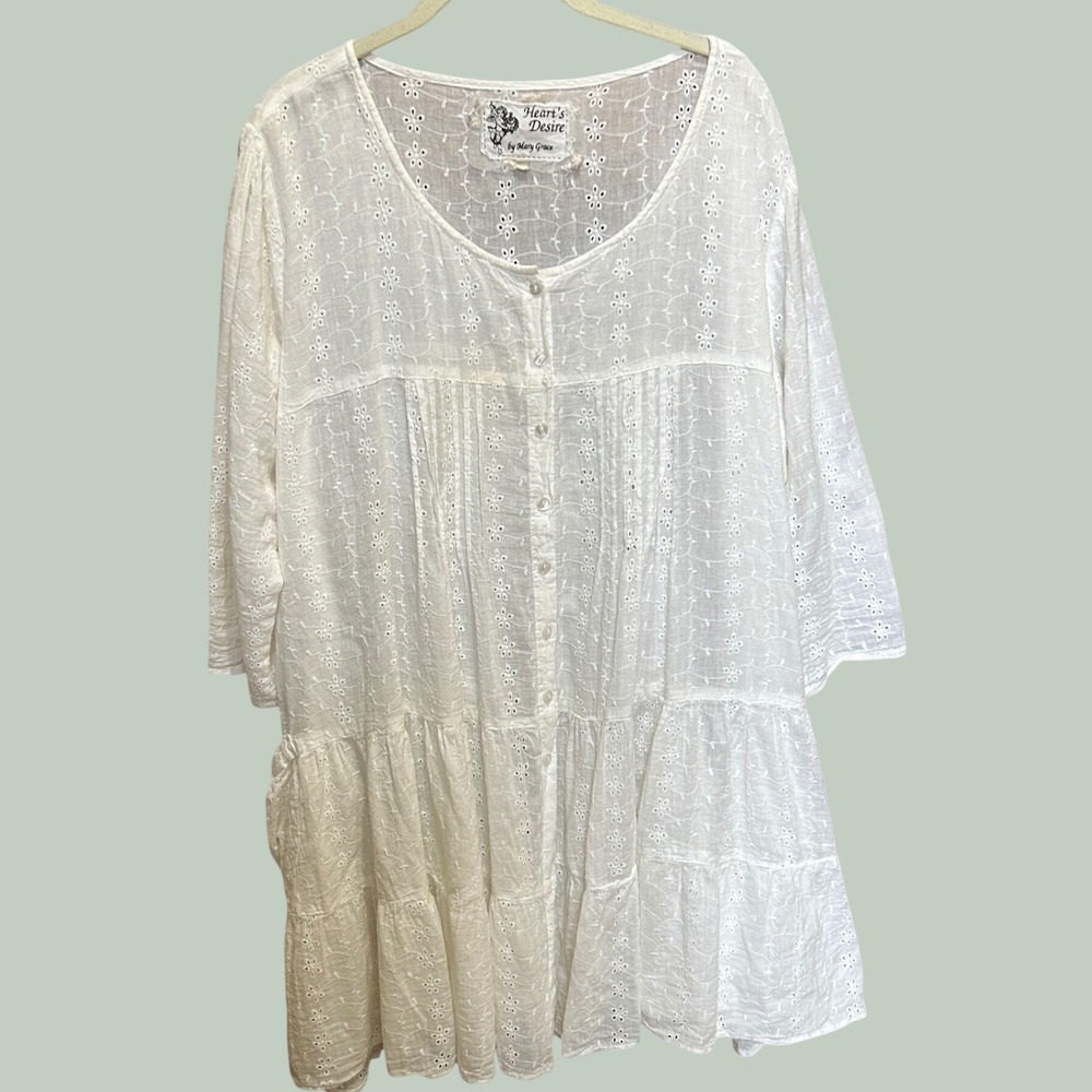 Heart's Desire Mary Grace Tunic XXL White Eyelet Tiered Ruffle Pockets‎